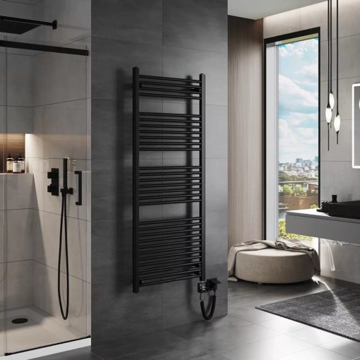 HD Standard Black 1400x600 mm egyenes smart elektromos törölközőszárító radiátor 600W-os wifi-s fűtőpatronnal, matt fekete