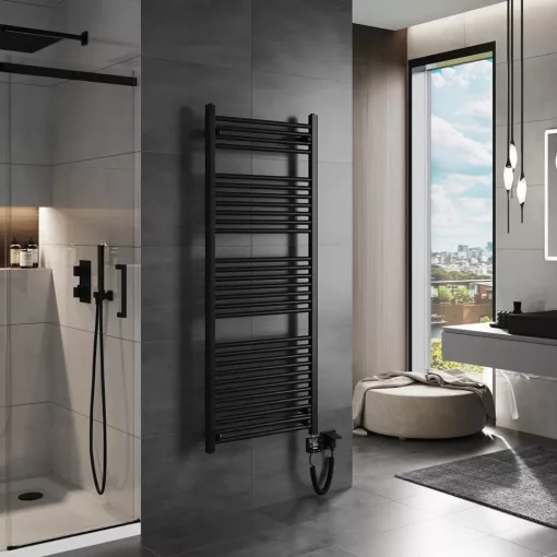 HD Standard Black 1400x600 mm egyenes smart elektromos törölközőszárító radiátor 600W-os wifi-s fűtőpatronnal, matt fekete