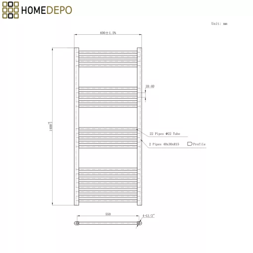 HD Standard Black 1400x600 mm egyenes smart elektromos törölközőszárító radiátor 600W-os wifi-s fűtőpatronnal, matt fekete