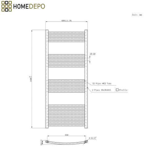 HD Standard Black 1400x600 mm íves elektromos törölközőszárító radiátor 600W-os fűtőpatronnal, matt fekete