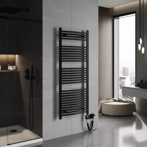HD Standard Black 1400x600 mm íves smart elektromos törölközőszárító radiátor 600W-os wifi-s fűtőpatronnal, matt fekete