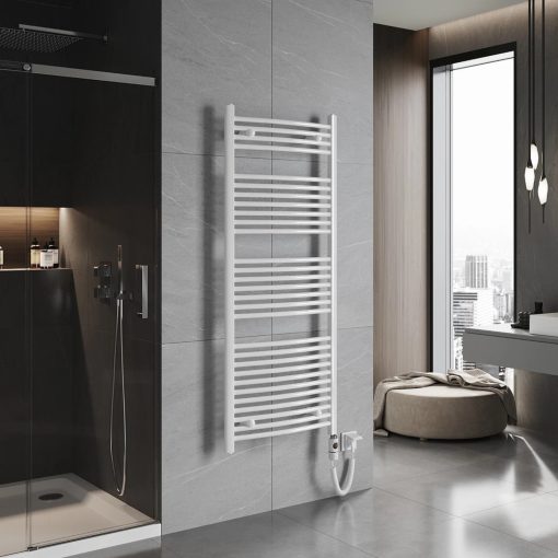 HD Standard White 1400x600 mm íves elektromos törölközőszárító radiátor 600W-os fűtőpatronnal, fényes fehér