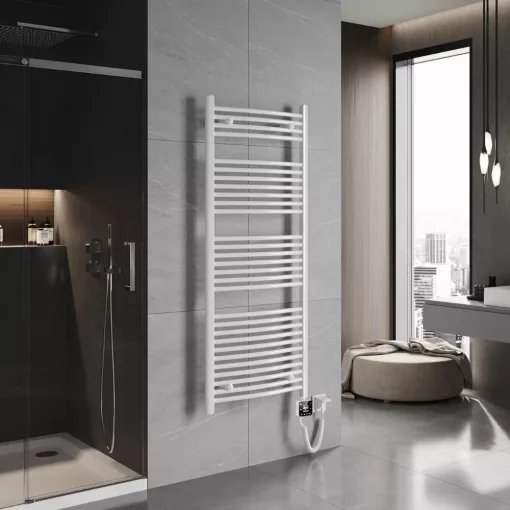 HD Standard White 1400x600 mm íves smart elektromos törölközőszárító radiátor 600W-os wifi-s fűtőpatronnal, fényes fehér