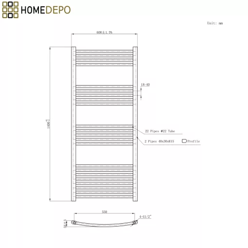 HD Standard White 1400x600 mm íves törölközőszárító radiátor, fényes fehér