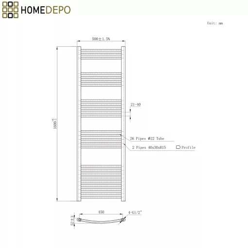 HD Standard White 1600x500 mm íves smart elektromos törölközőszárító radiátor 600W-os wifi-s fűtőpatronnal, fényes fehér