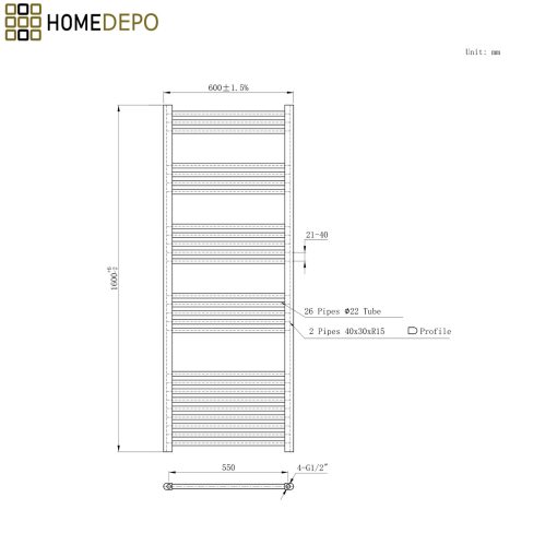 HD Standard Black 1600x600 mm egyenes elektromos törölközőszárító radiátor 900W-os fűtőpatronnal, matt fekete