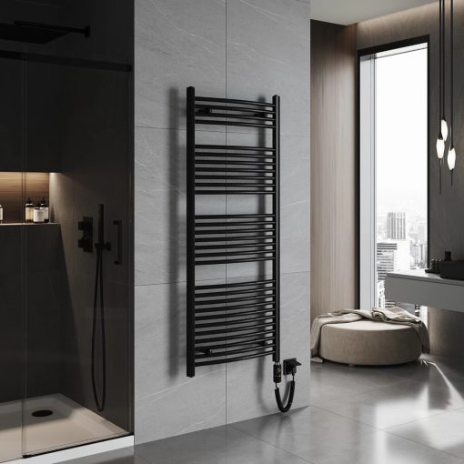 HD Standard Black 1600x600 mm íves elektromos törölközőszárító radiátor 900W-os fűtőpatronnal, matt fekete