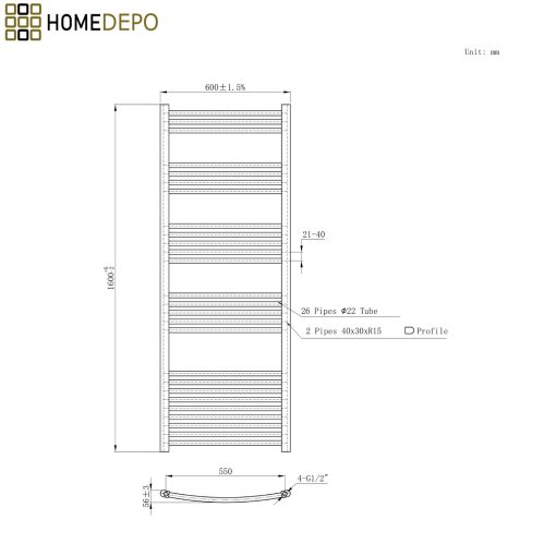HD Standard Black 1600x600 mm íves smart elektromos törölközőszárító radiátor 900W-os wifi-s fűtőpatronnal, matt fekete