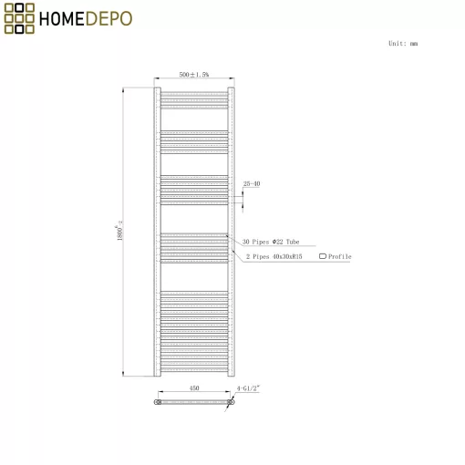 HD Standard Black 1800x500 mm egyenes törölközőszárító radiátor, matt fekete
