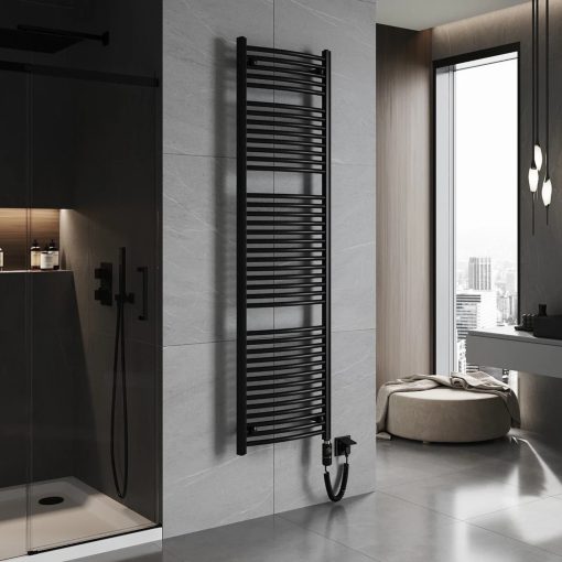 HD Standard Black 1800x500 mm íves elektromos törölközőszárító radiátor 900W-os fűtőpatronnal, matt fekete