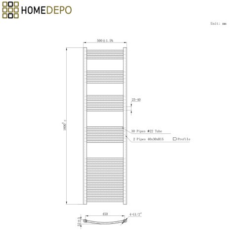 HD Standard Black 1800x500 mm íves elektromos törölközőszárító radiátor 900W-os fűtőpatronnal, matt fekete