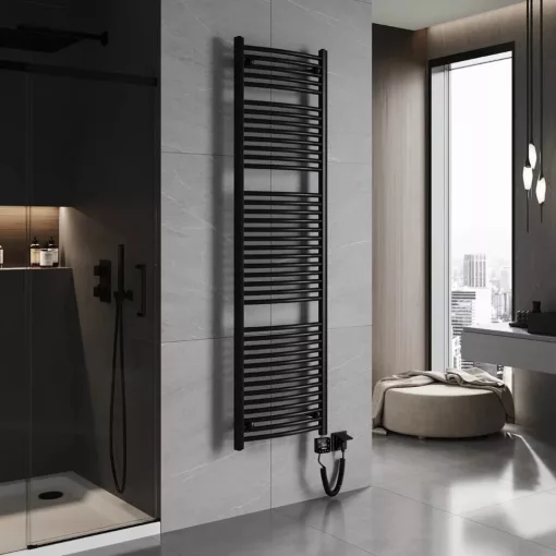 HD Standard Black 1800x500 mm íves smart elektromos törölközőszárító radiátor 900W-os wifi-s fűtőpatronnal, matt fekete