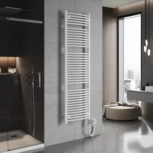 HD Standard White 1800x500 mm íves elektromos törölközőszárító radiátor 900W-os fűtőpatronnal, fényes fehér