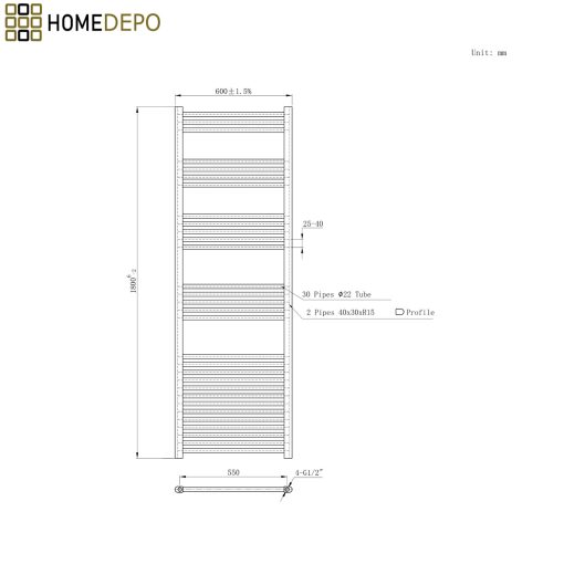 HD Standard Black 1800x600 mm egyenes smart elektromos törölközőszárító radiátor 900W-os wifi-s fűtőpatronnal, matt fekete