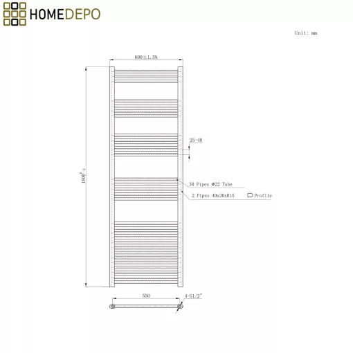 HD Standard White 1800x600 mm egyenes törölközőszárító radiátor, fényes fehér
