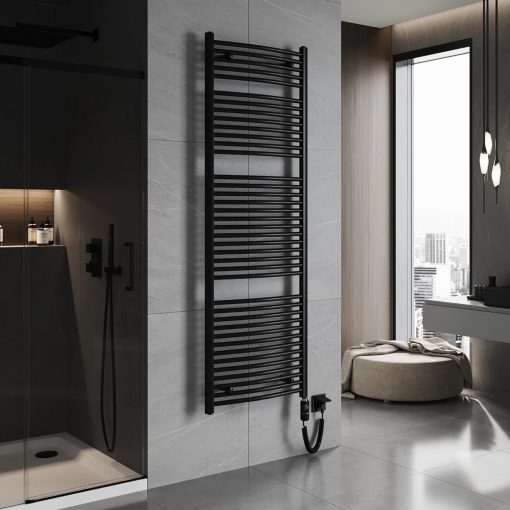 HD Standard Black 1800x600 mm íves elektromos törölközőszárító radiátor 900W-os fűtőpatronnal, matt fekete