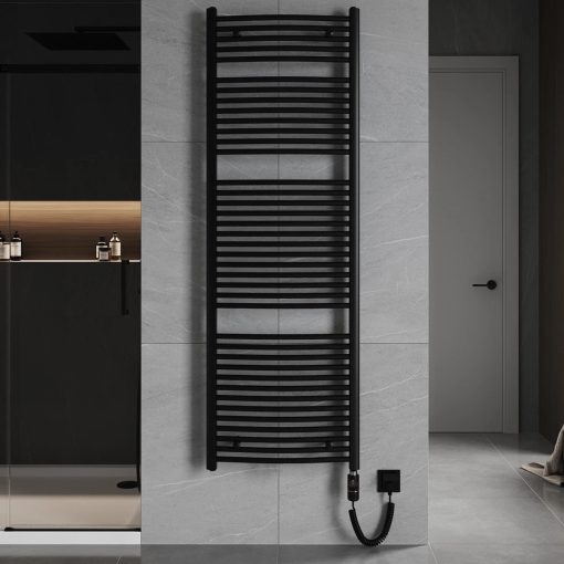 HD Standard Black 1800x600 mm íves elektromos törölközőszárító radiátor 900W-os fűtőpatronnal, matt fekete