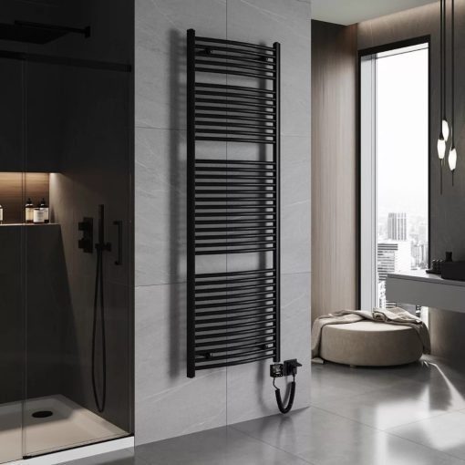 HD Standard Black 1800x600 mm íves smart elektromos törölközőszárító radiátor 900W-os wifi-s fűtőpatronnal, matt fekete
