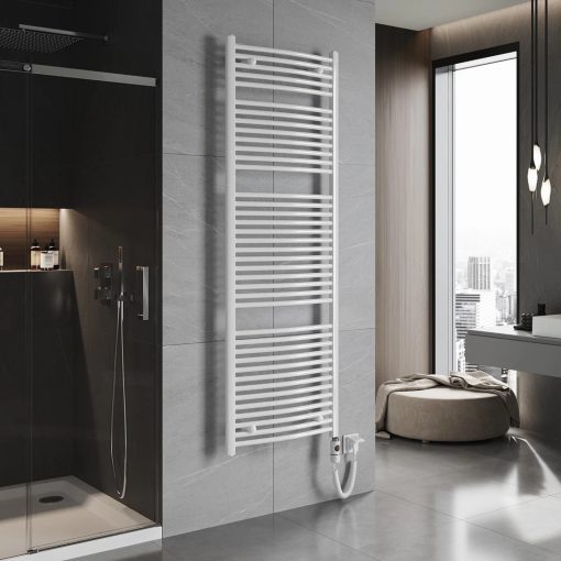 HD Standard White 1800x600 mm íves elektromos törölközőszárító radiátor 900W-os fűtőpatronnal, fényes fehér