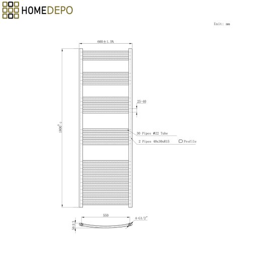HD Standard White 1800x600 mm íves elektromos törölközőszárító radiátor 900W-os fűtőpatronnal, fényes fehér