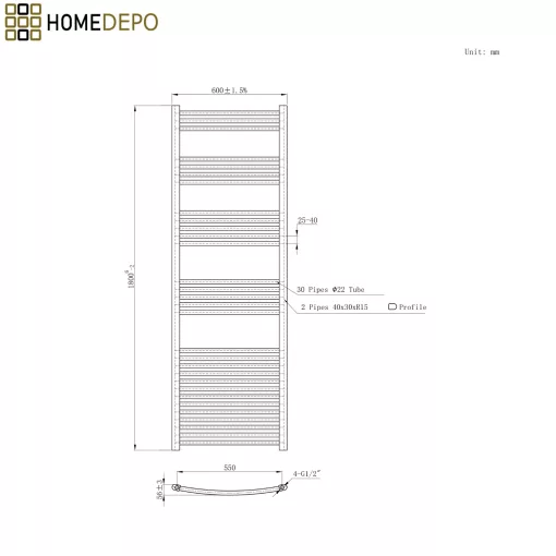 HD Standard White 1800x600 mm íves törölközőszárító radiátor, fényes fehér