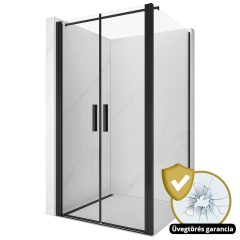   HD Toronto+ Black aszimmetrikus szögletes kétszárnyú nyílóajtós zuhanykabin 6 mm vastag vízlepergető biztonsági üveggel, fekete elemekkel, 195 cm magas