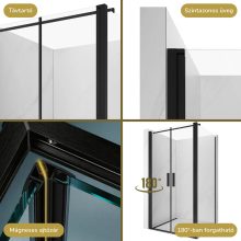HD Toronto+ Black 90x80 aszimmetrikus szögletes kétszárnyú nyílóajtós zuhanykabin 6 mm vastag vízlepergető biztonsági üveggel, fekete elemekkel, 195 cm magas