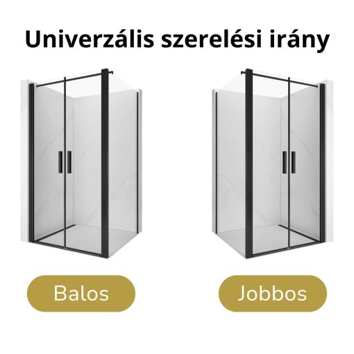 HD Toronto+ Black 90x80 aszimmetrikus szögletes kétszárnyú nyílóajtós zuhanykabin 6 mm vastag vízlepergető biztonsági üveggel, fekete elemekkel, 195 cm magas