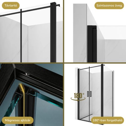 HD Toronto Black 90x80 aszimmetrikus szögletes kétszárnyú nyílóajtós zuhanykabin 6 mm vastag vízlepergető biztonsági üveggel, fekete elemekkel, 195 cm magas