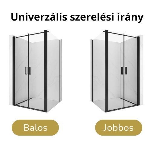 HD Toronto Black 90x80 aszimmetrikus szögletes kétszárnyú nyílóajtós zuhanykabin 6 mm vastag vízlepergető biztonsági üveggel, fekete elemekkel, 195 cm magas