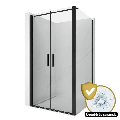 HD Toronto+ Black 100x90 aszimmetrikus szögletes kétszárnyú nyílóajtós zuhanykabin 6 mm vastag vízlepergető biztonsági üveggel, fekete elemekkel, 195 cm magas