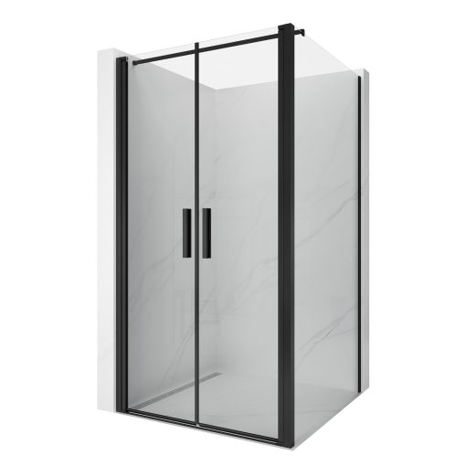 HD Toronto+ Black 100x90 aszimmetrikus szögletes kétszárnyú nyílóajtós zuhanykabin 6 mm vastag vízlepergető biztonsági üveggel, fekete elemekkel, 195 cm magas