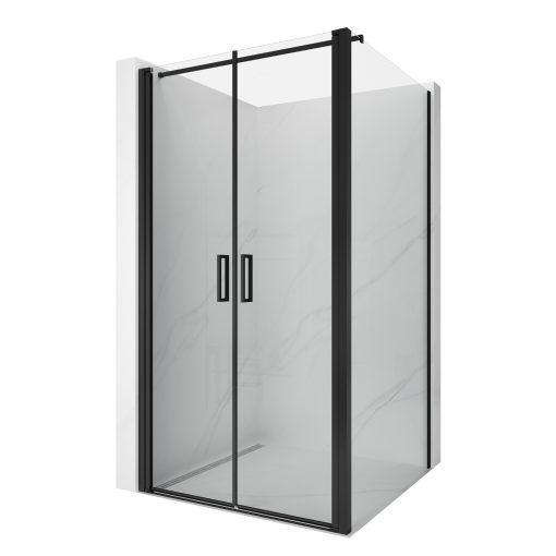 HD Toronto Black 100x90 aszimmetrikus szögletes kétszárnyú nyílóajtós zuhanykabin 6 mm vastag vízlepergető biztonsági üveggel, fekete elemekkel, 195 cm magas