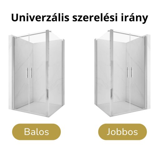 HD Toronto+ 90x80 aszimmetrikus szögletes kétszárnyú nyílóajtós zuhanykabin 6 mm vastag vízlepergető biztonsági üveggel, krómozott elemekkel, 195 cm magas