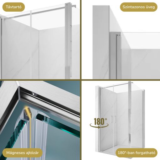 HD Toronto 90x90 szögletes kétszárnyú nyílóajtós zuhanykabin 6 mm vastag vízlepergető biztonsági üveggel, krómozott elemekkel, 195 cm magas