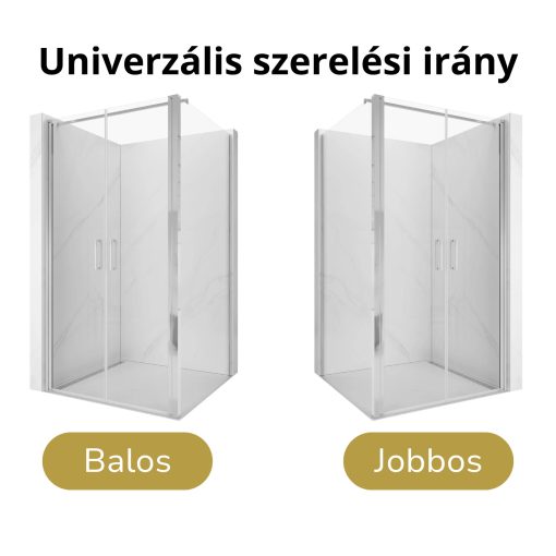 HD Toronto 90x90 szögletes kétszárnyú nyílóajtós zuhanykabin 6 mm vastag vízlepergető biztonsági üveggel, krómozott elemekkel, 195 cm magas