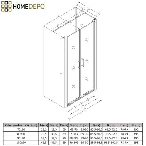 HD Toronto 90x90 szögletes kétszárnyú nyílóajtós zuhanykabin 6 mm vastag vízlepergető biztonsági üveggel, krómozott elemekkel, 195 cm magas