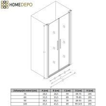 HD Toronto+ 70/80/90/100 cm széles kétszárnyú nyíló zuhanyajtó 6 mm vastag vízlepergető biztonsági üveggel, 195 cm magas