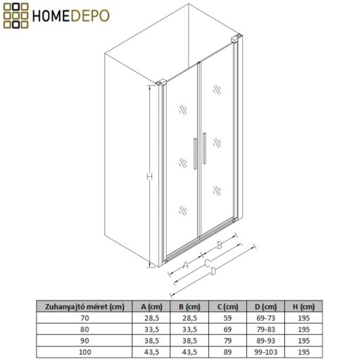 HD Toronto+ 70/80/90/100 cm széles kétszárnyú nyíló zuhanyajtó 6 mm vastag vízlepergető biztonsági üveggel, 195 cm magas
