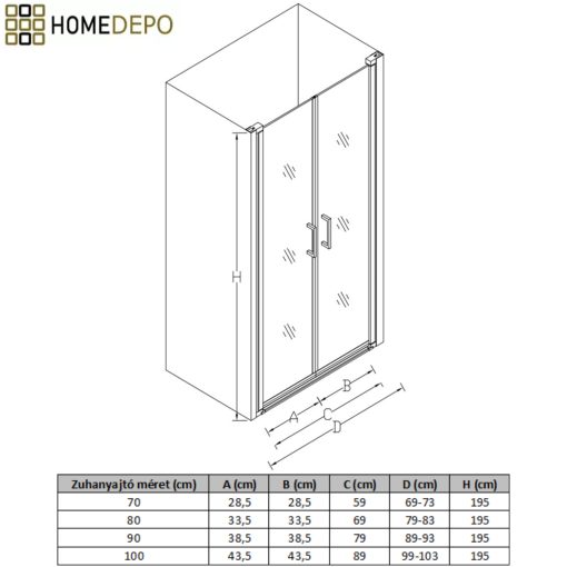 HD Toronto 100x195, 100 cm széles kétszárnyú nyíló zuhanyajtó 6 mm vastag vízlepergető biztonsági üveggel, 195 cm magas