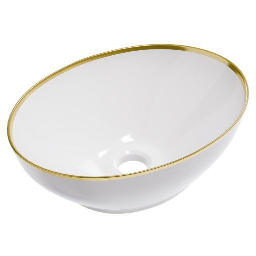 HD Emily Gold-Stripe 40 cm széles pultra ültethető fényes fehér porcelán mosdótál, arany design mintával