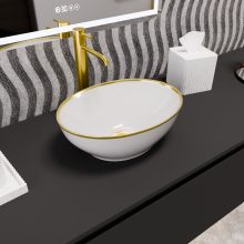 HD Emily Gold-Stripe 40 cm széles pultra ültethető fényes fehér porcelán mosdótál, arany design mintával