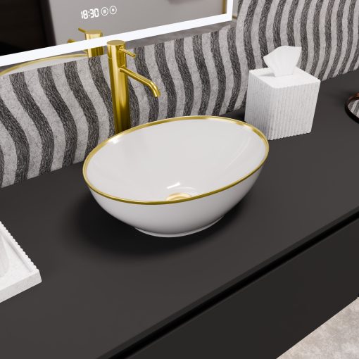 HD Emily Gold-Stripe 40 cm széles pultra ültethető fényes fehér porcelán mosdótál, arany design mintával