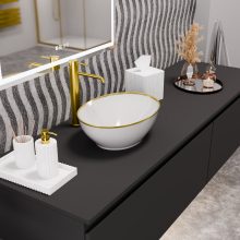 HD Emily Gold-Stripe 40 cm széles pultra ültethető fényes fehér porcelán mosdótál, arany design mintával