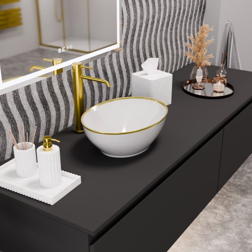 HD Emily Gold-Stripe 40 cm széles pultra ültethető fényes fehér porcelán mosdótál, arany design mintával