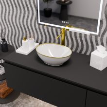 HD Emily Gold-Stripe 40 cm széles pultra ültethető fényes fehér porcelán mosdótál, arany design mintával