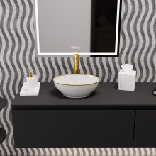 HD Emily Gold-Stripe 40 cm széles pultra ültethető fényes fehér porcelán mosdótál, arany design mintával