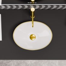 HD Emily Gold-Stripe 40 cm széles pultra ültethető fényes fehér porcelán mosdótál, arany design mintával