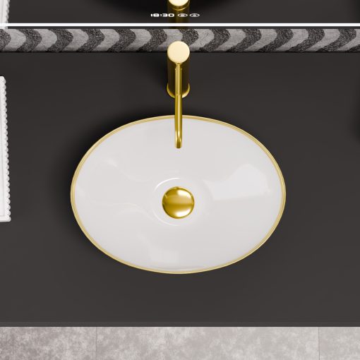 HD Emily Gold-Stripe 40 cm széles pultra ültethető fényes fehér porcelán mosdótál, arany design mintával