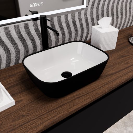 HD Mira Black&White 45 cm széles pultra ültethető fekete-fehér porcelán mosdótál